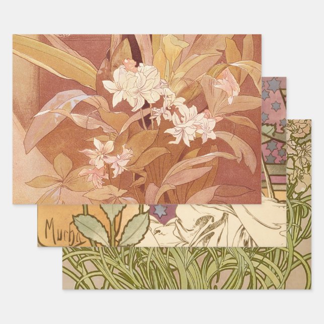 Feuille De Papier Cadeau Alphonse Mucha Art Nouveau Détail floral (Lot)