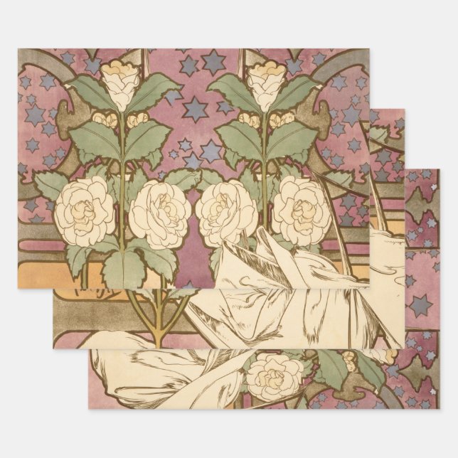 Feuille De Papier Cadeau Alphonse Mucha Elegant Art Nouveau Stars Camellia  (Lot)