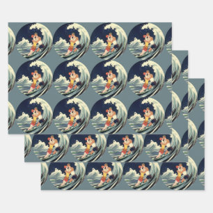 Feuille De Papier Cadeau Amants Art Déco vintage s'embrassant dans les vagu