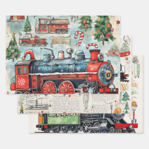 Feuille De Papier Cadeau Amateurs de train de Noël Vintage