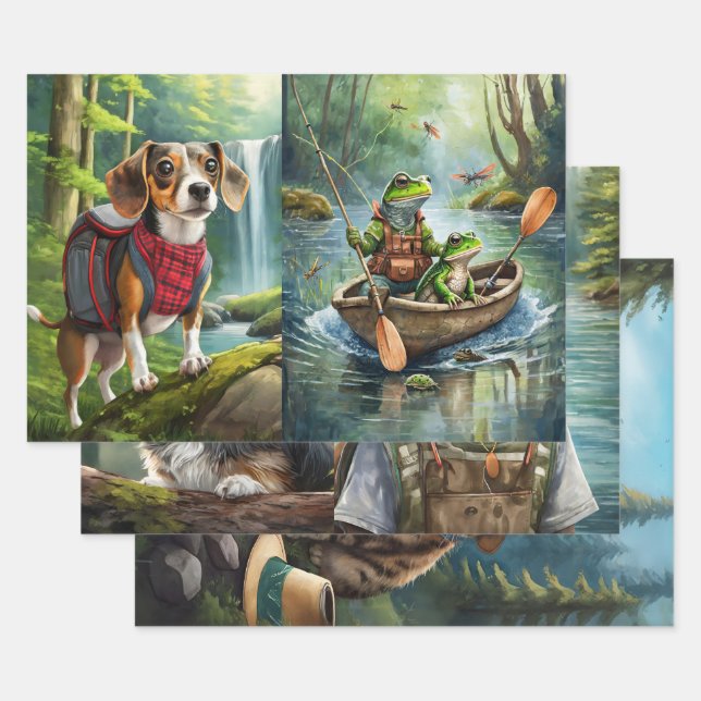 Feuille De Papier Cadeau Amis Aventuriers Furry, Camping Outdoorsmen (Lot)