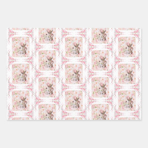 Feuille De Papier Cadeau Amour de lapin avec des roses roses