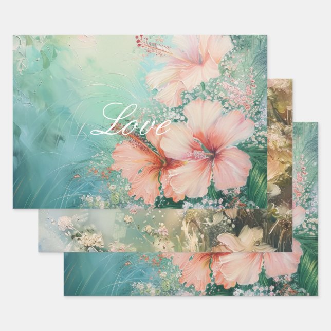 Feuille De Papier Cadeau Amour floral de fleur d'hibiscus blanc pêche tropi (Lot)