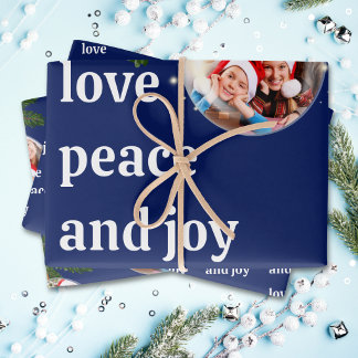 Feuille De Papier Cadeau Amour Paix Joie Photo Noël Épinette Bleu Nuit