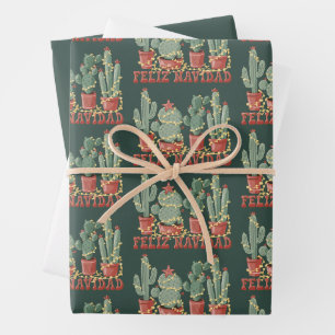 Feuille De Papier Cadeau Amoureux de cactus Feliz Navidad Cow-boy de Noël p