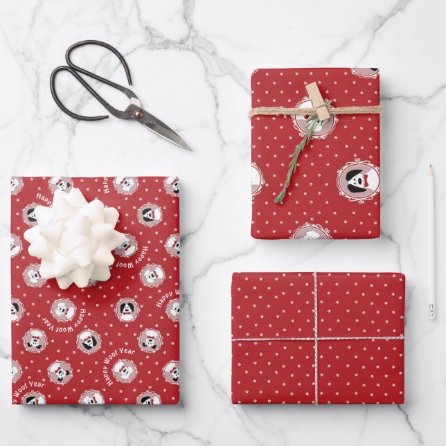 Feuille De Papier Cadeau Amoureux des chiens 'Happy Woof Year' Empreinte de (Recto)