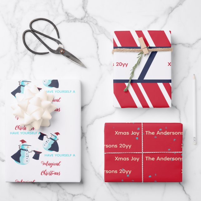 Feuille De Papier Cadeau Amusant Magicien Snowmen Santa Hat Motif Noël (Recto)