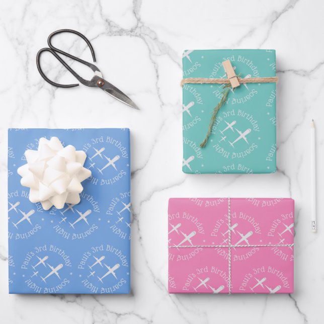 Feuille De Papier Cadeau Amusant Personnalisé Anniversaire Avions Bleu rose (Recto)