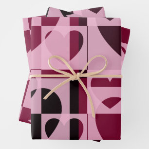 Feuille De Papier Cadeau Amusants À damiers Coeurs doux rose et vin rouge