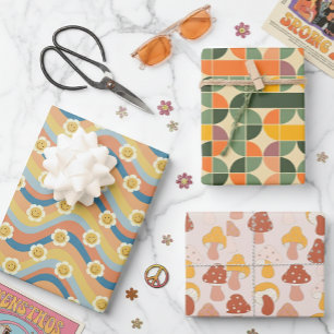 Feuille De Papier Cadeau Amusants Dessins Rétro Flower Mushroom