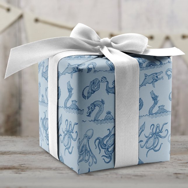 Feuille De Papier Cadeau Amusants Pastel Blue Sea Monster Dessin Motif (Créateur téléchargé)