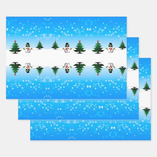Feuille De Papier Cadeau Amusement cool Snowman Sparkly Noël Arbres bleus (Lot)