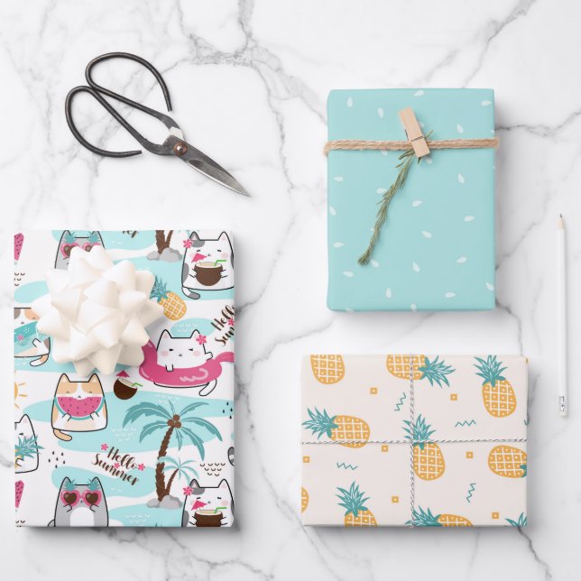 Feuille De Papier Cadeau Ananas au chat en été mignon (Recto)