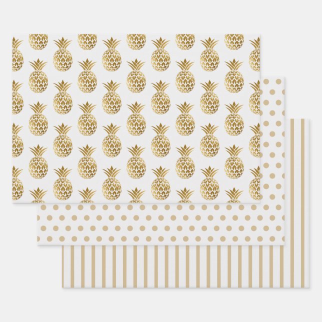 Feuille De Papier Cadeau Ananas en or blanc Pois Grilles solides (Lot)