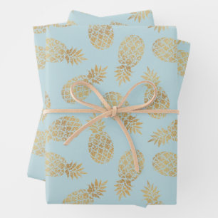 Feuille De Papier Cadeau Ananas en or sur bleu