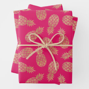 Feuille De Papier Cadeau Ananas en or sur rose chaud
