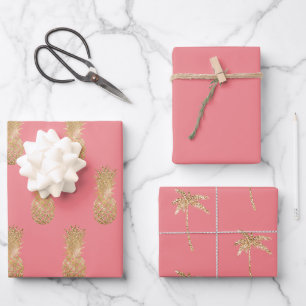 Feuille De Papier Cadeau Ananas rose rose or brillant