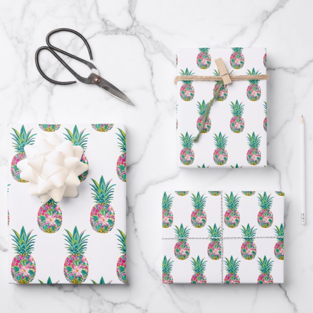 Feuille De Papier Cadeau Ananas tropical rose et vert (Recto)
