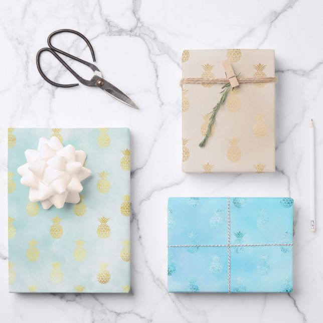 Feuille De Papier Cadeau Ananas tropicaux Aqua Gold Glam (Recto)