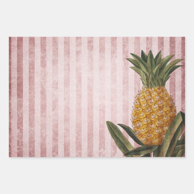 Feuille De Papier Cadeau Ananas Vintage et bandes roses (Devant)