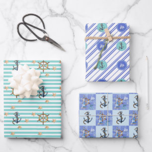 Feuille De Papier Cadeau Ancre de mer nautique tendance Bleu de navigation