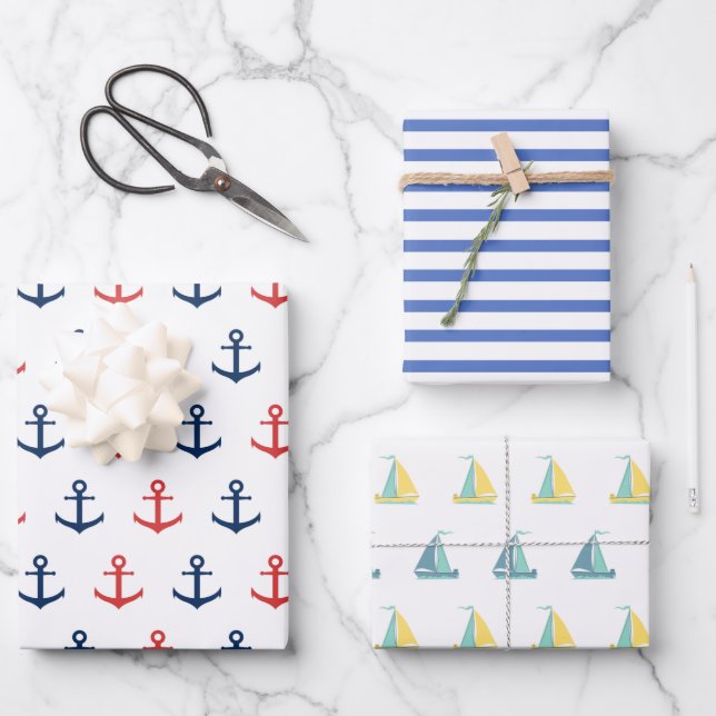 Feuille De Papier Cadeau Ancre nautique, Stripes et Voilier  (Recto)