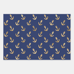 Feuille De Papier Cadeau Ancres d'or métallique sur bleu marine