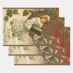 Feuille De Papier Cadeau Ange de Champagne du Nouvel An Victorien Vintage