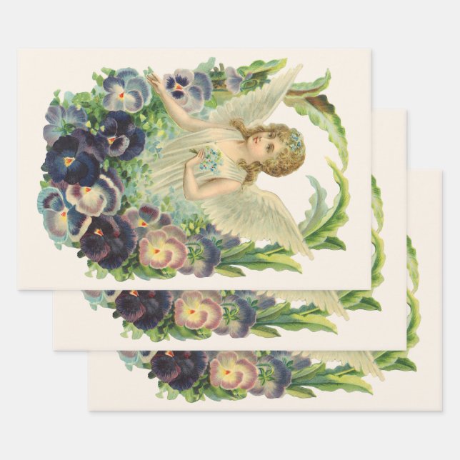 Feuille De Papier Cadeau Ange de Pâques victorien avec Fleurs de Pansy Viol (Lot)