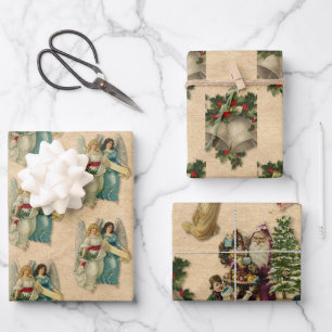 Feuille De Papier Cadeau Anges de Noël Antiques Cloches Parchémin Saint-Nic