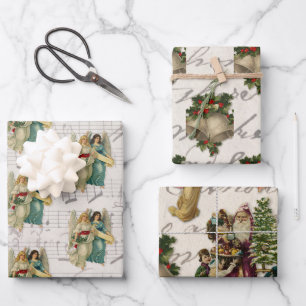 Feuille De Papier Cadeau Anges de Noël antiques Cloches Santa Enfants