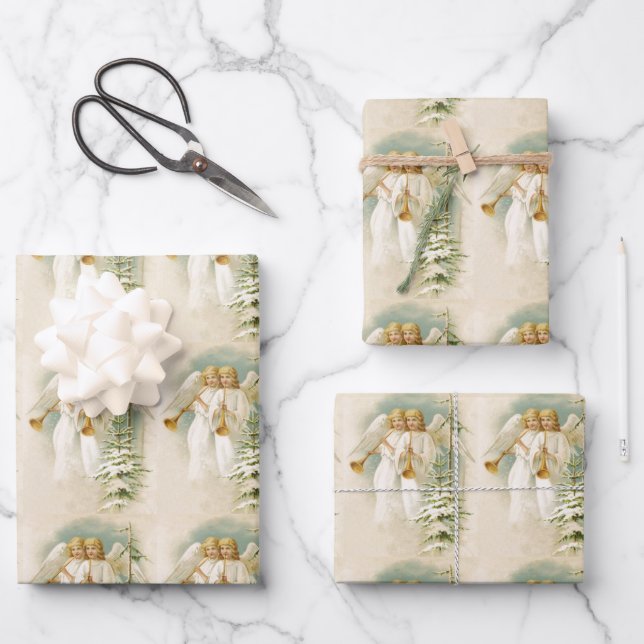 Feuille De Papier Cadeau Anges et arbres victoriens de Noël (Recto)