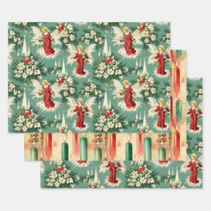 Feuille De Papier Cadeau Anges et fleurs de Noël rétro