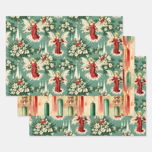 Feuille De Papier Cadeau Anges et fleurs de Noël rétro (Lot)
