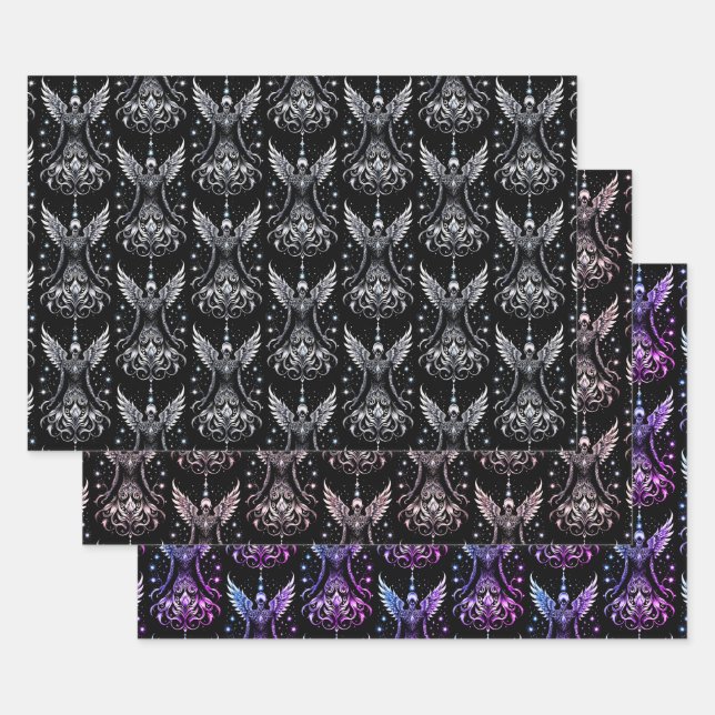 Feuille De Papier Cadeau Angle De Tatouage Noir Et Argent (Lot)