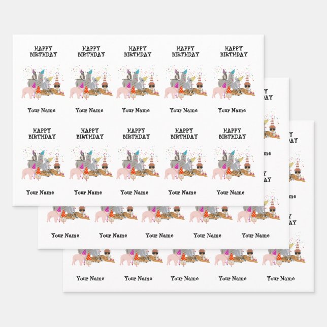 Feuille De Papier Cadeau Animaux - Animaux à l'anniversaire Nom de la fête (Lot)
