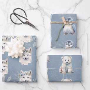Feuille De Papier Cadeau Animaux arctiques Flocon de neige hivernal
