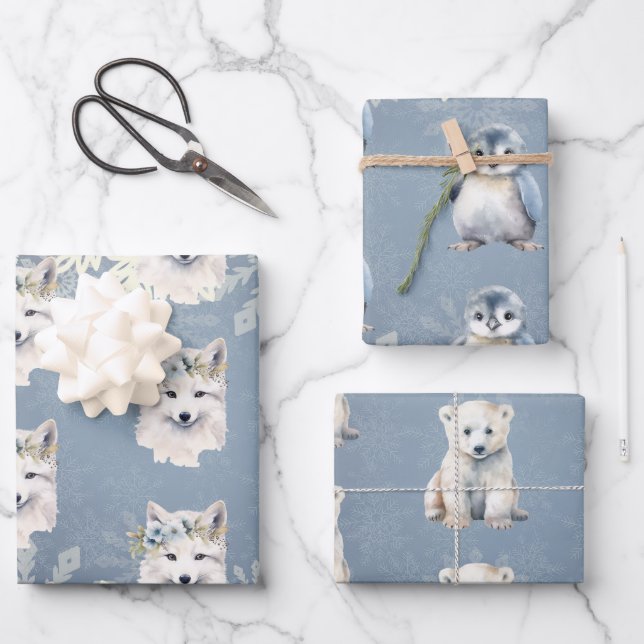Feuille De Papier Cadeau Animaux arctiques Flocon de neige hivernal (Recto)