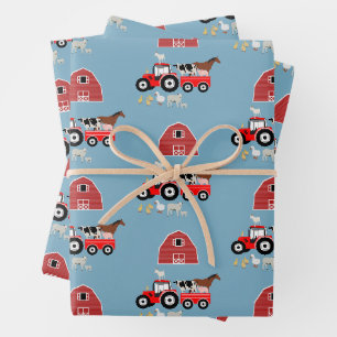 Feuille De Papier Cadeau Animaux de ferme et tracteur rouge Barnyard Boys M