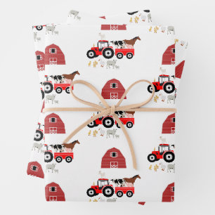 Feuille De Papier Cadeau Animaux de ferme et tracteur rouge Motif Barnyard