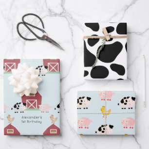 Feuille De Papier Cadeau Animaux de ferme et vache Motif Bleu Anniversaire