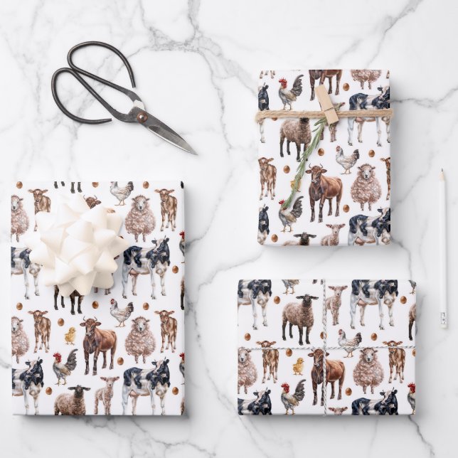 Feuille De Papier Cadeau Animaux de ferme mignons Vaches moutons Cochons po (Recto)