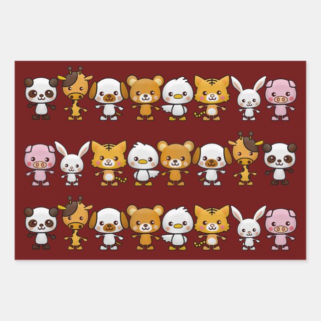 Feuille De Papier Cadeau Animaux de fête, Chevron et Rouge clair (Devant)