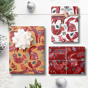 Feuille De Papier Cadeau Animaux des Bois Art Populaire Scandinave Noël