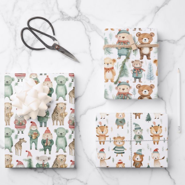 Feuille De Papier Cadeau Animaux d'hiver de Noël en pulls (Recto)