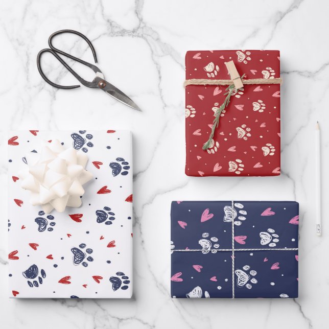 Feuille De Papier Cadeau Animaux Empreintes de pattes Coeur Motif Mignonne  (Recto)