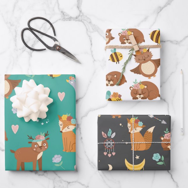 Feuille De Papier Cadeau Animaux forestiers de bois Renard Cerf Anniversair (Recto)