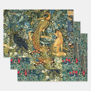 Feuille De Papier Cadeau ANIMAUX FORESTIERS, RAVEN, FOX, PEACOCK Blue Green