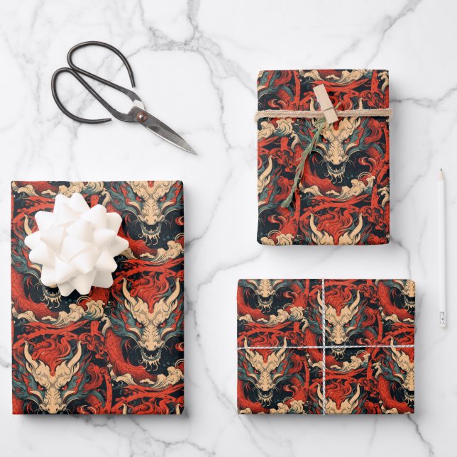 Feuille De Papier Cadeau Année du Dragon chinois rouge et vert (Recto)
