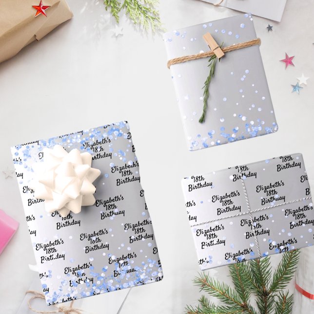 Feuille De Papier Cadeau Anniversaire argent bleu clair confetti nom étince (Créateur téléchargé)